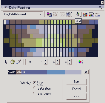 Кнопка Sort в окне Color Palettes