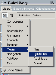 Список QuickTime Behaviors во всплывающем меню Library List